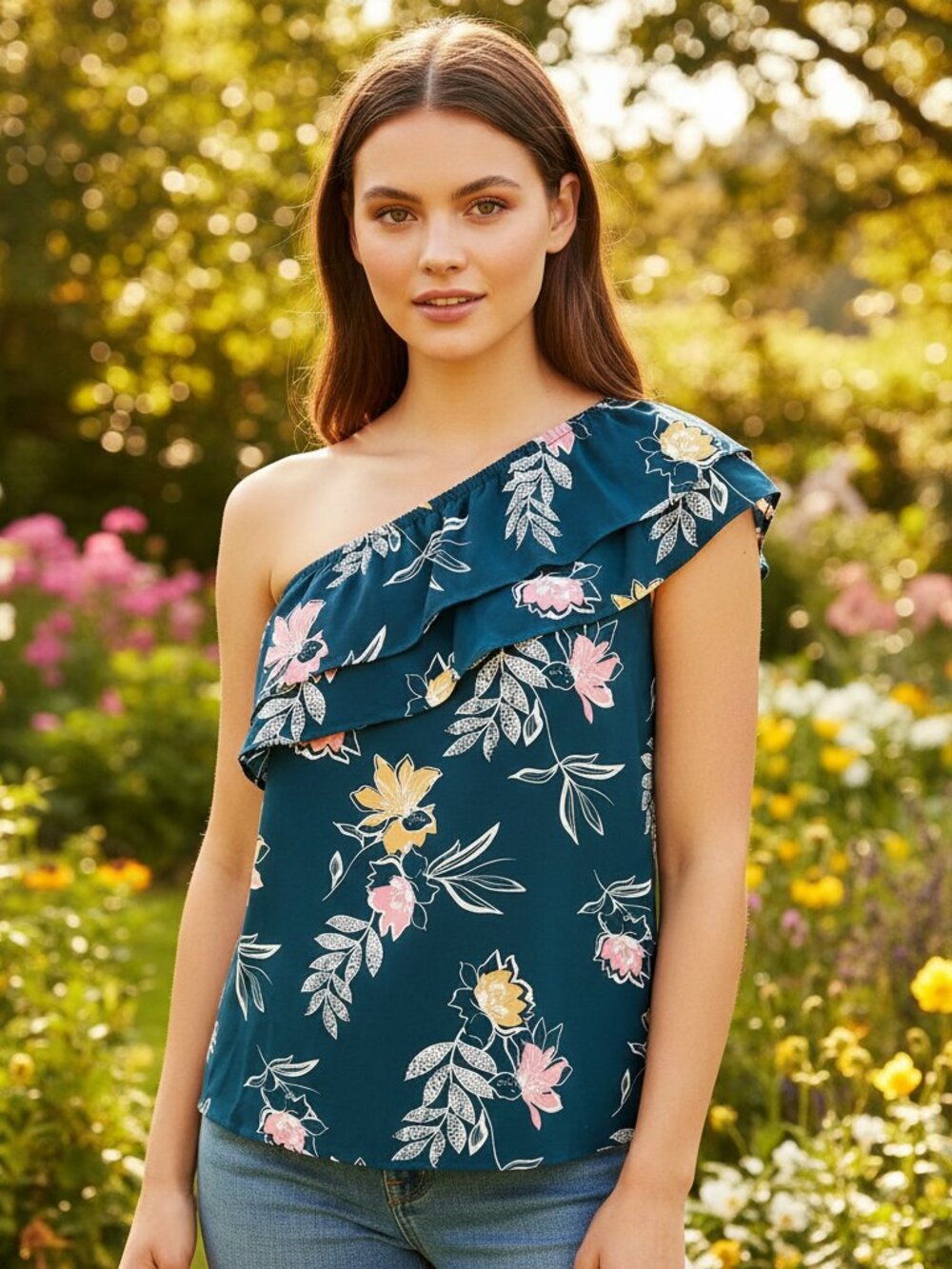 NEW Apt 9 M Top Blue Floral Ruffle Boho Whimsy Cottage‎ Tropical Resort Coastal